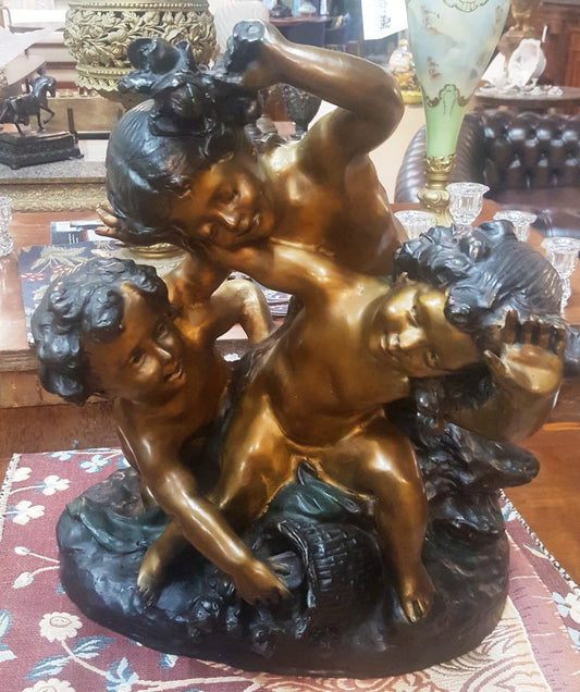 Bronze Tabletop Statue of 3 Children Playing H 18" x W 15" Elegant Centerpiece