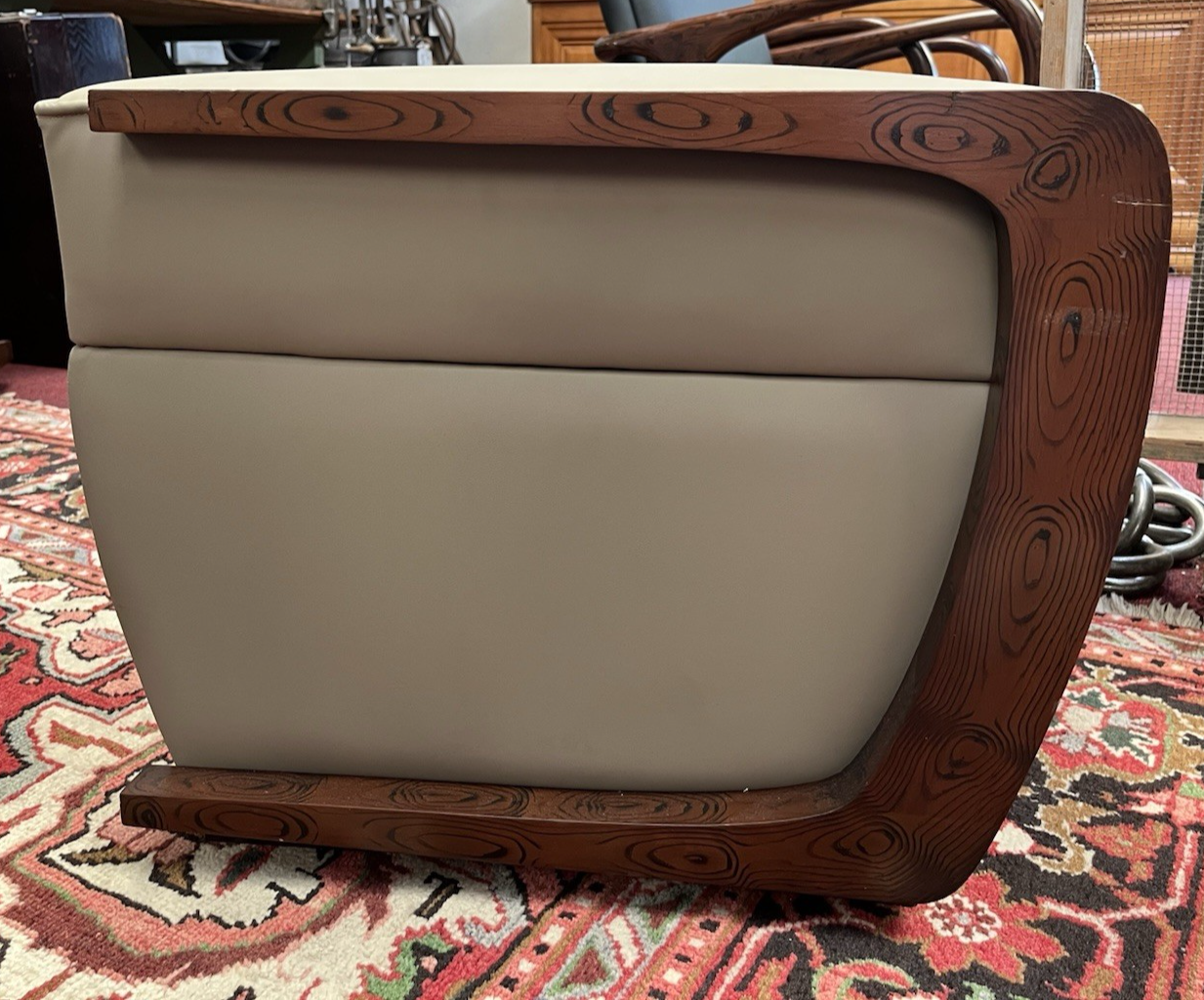 PAIR OF ART DECO STYLE UPHOLSTERED ARMCHAIRS & OTTOMANS