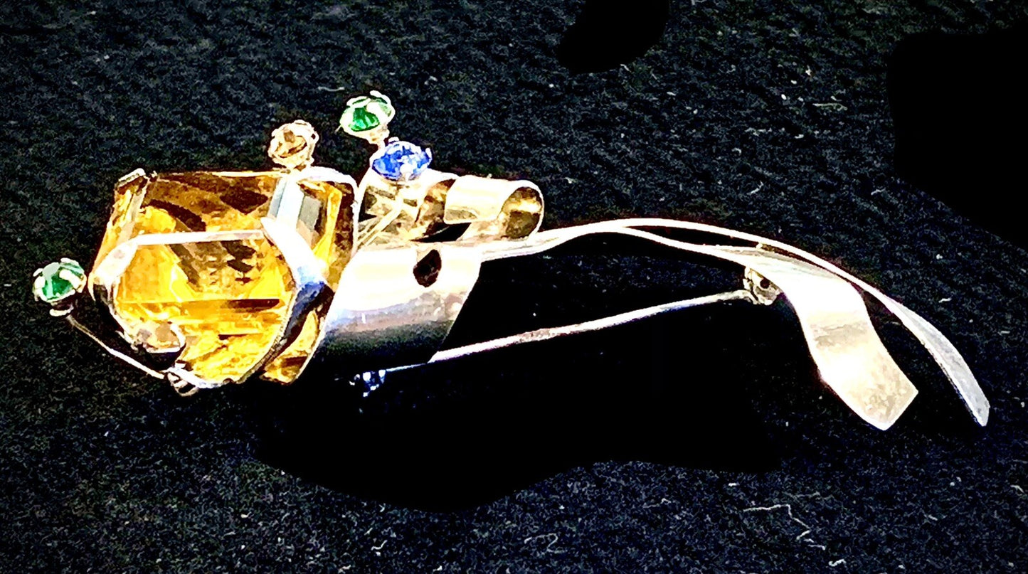 Large 1940's Floral Sterling Pin Brooch w. Large Glass Topaz Stone and more