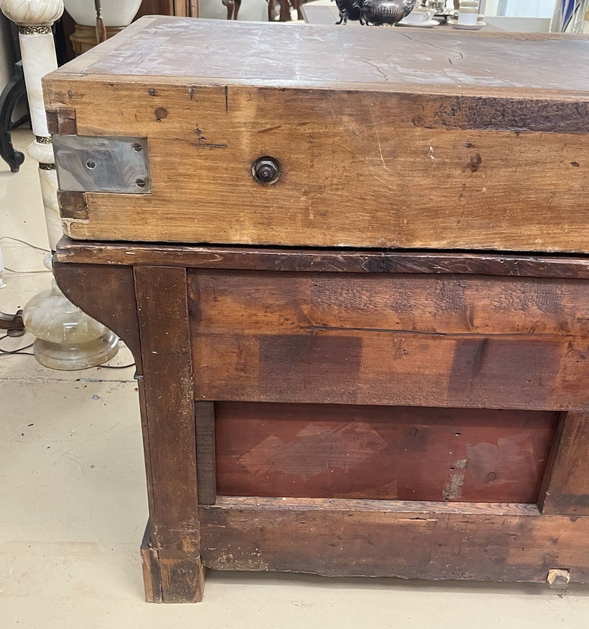 ANTIQUE FRENCH CARVED MIXED WOOD BUTCHER'S BLOCK WORK TABLE ISLAND 61" x 21"