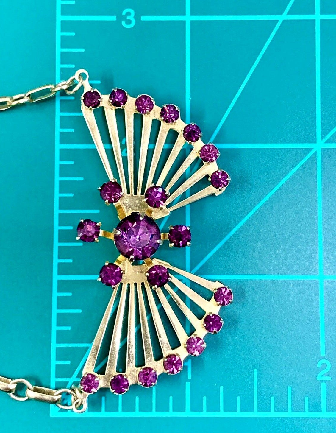 Impressive 1940'S RETRO  GOLD plated Amethyst RHINESTONE  NECKLACE Art Deco 18"