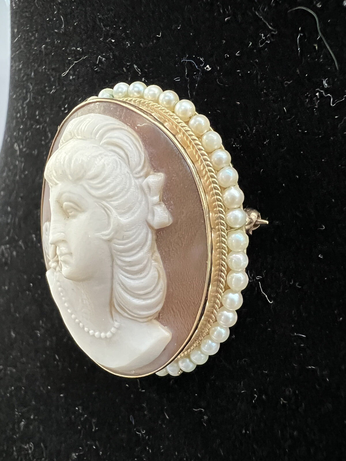 Victorian Shell Cameo Pendant Brooch 14K seed Pearls Full Face 1800's