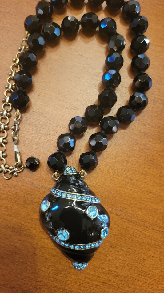 Heidi Daus Black Enamel Aqua Rhinestone Seashell Pendant Necklace