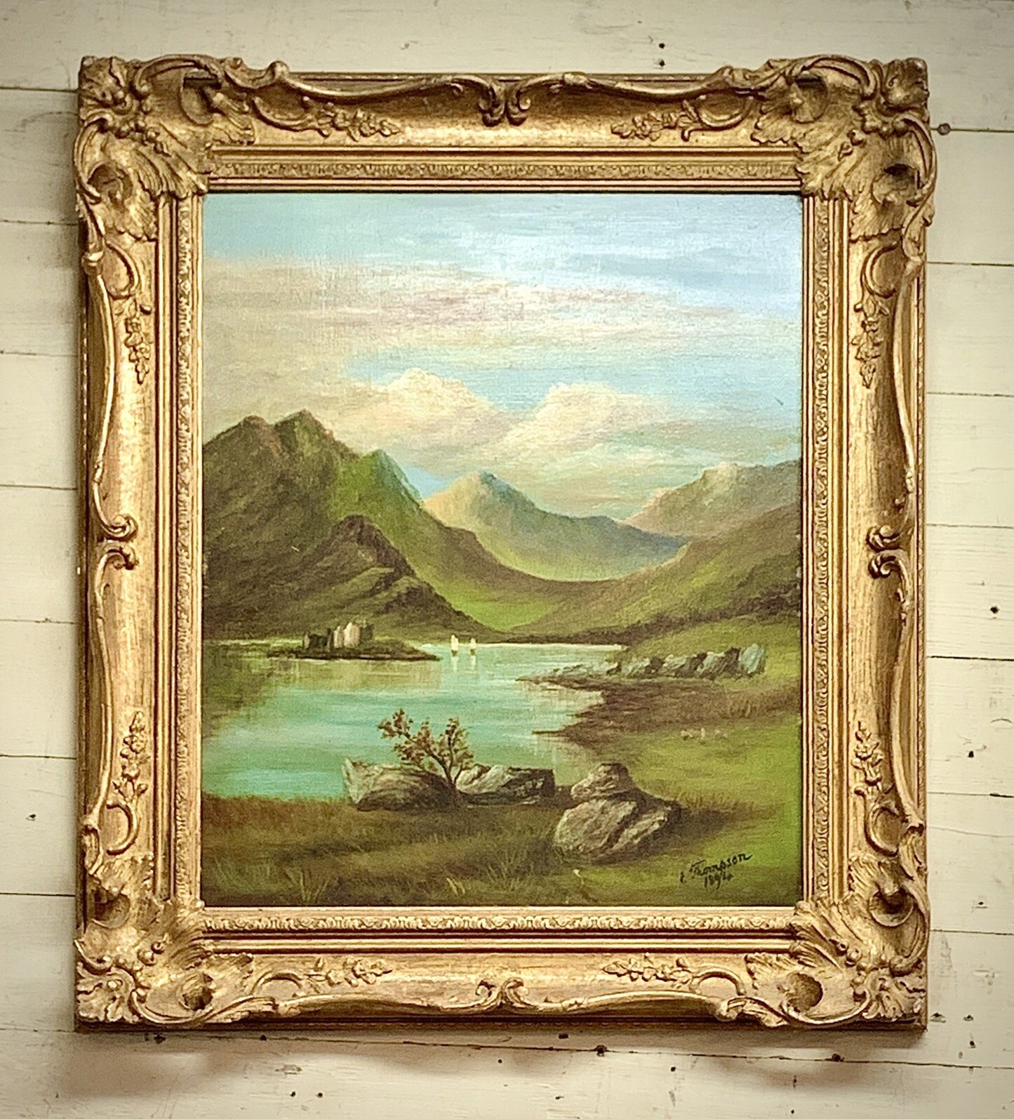 E. Thompson Oil Painting on Panel Signed 1894 Mountains & Lake Earl
