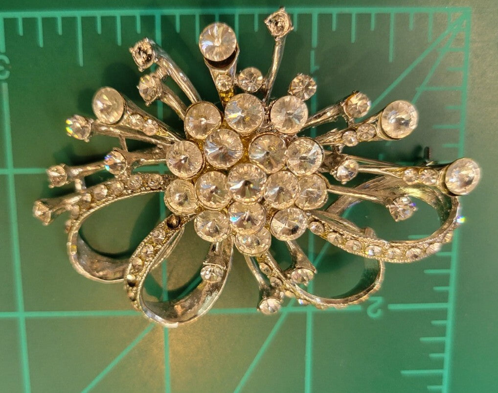 VINTAGE J.H.S. JHS Clear Rhinestones Crystals Pin Brooch Signed 3" x 2"