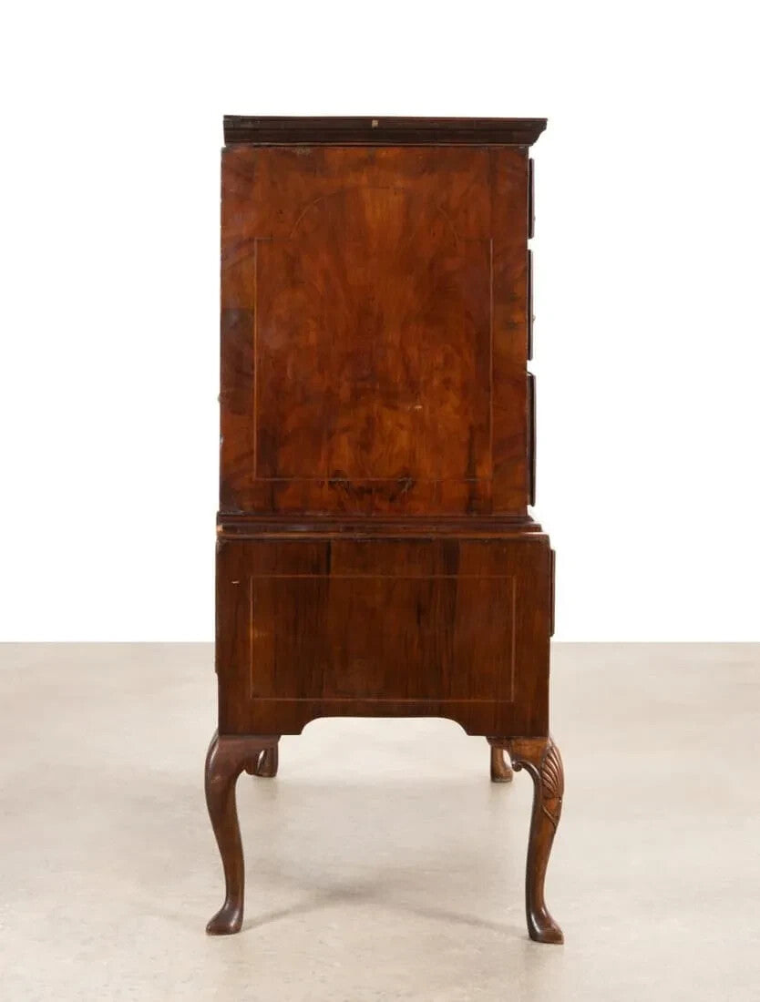 ANTIQUE ENLISH QUEEN ANNE SEAWEED MARQUETRY MAHOGANY CHEST ON STAND