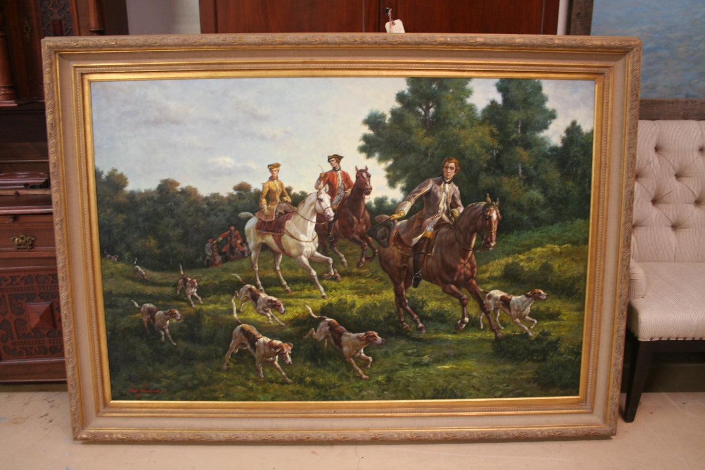 Oil Painting of Fox Hunt Scene Framed 5'x7' artist signed Wiliamson