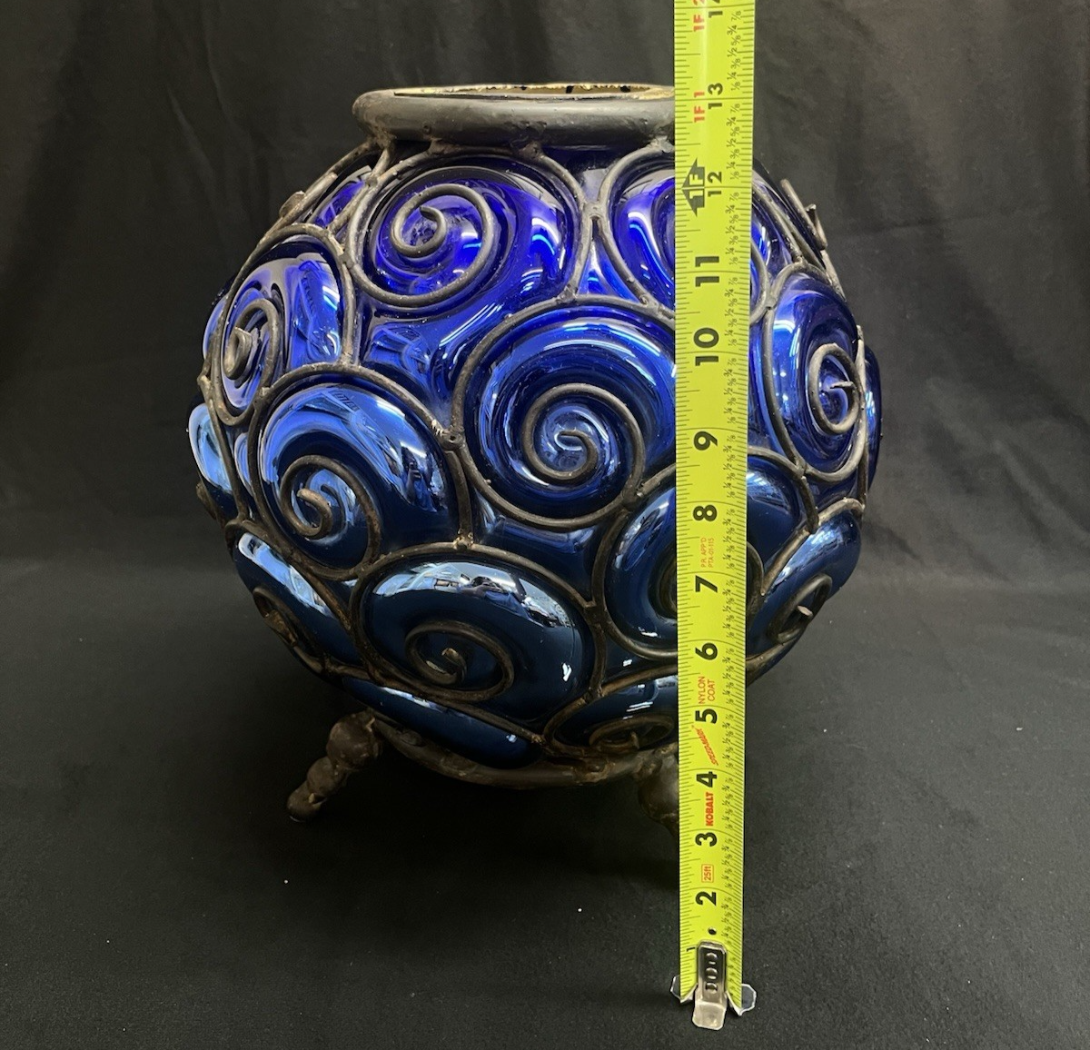 Murano Style Round Cage Bubble Blown Cobalt Blue Iridescent Glass Sculpture 13"