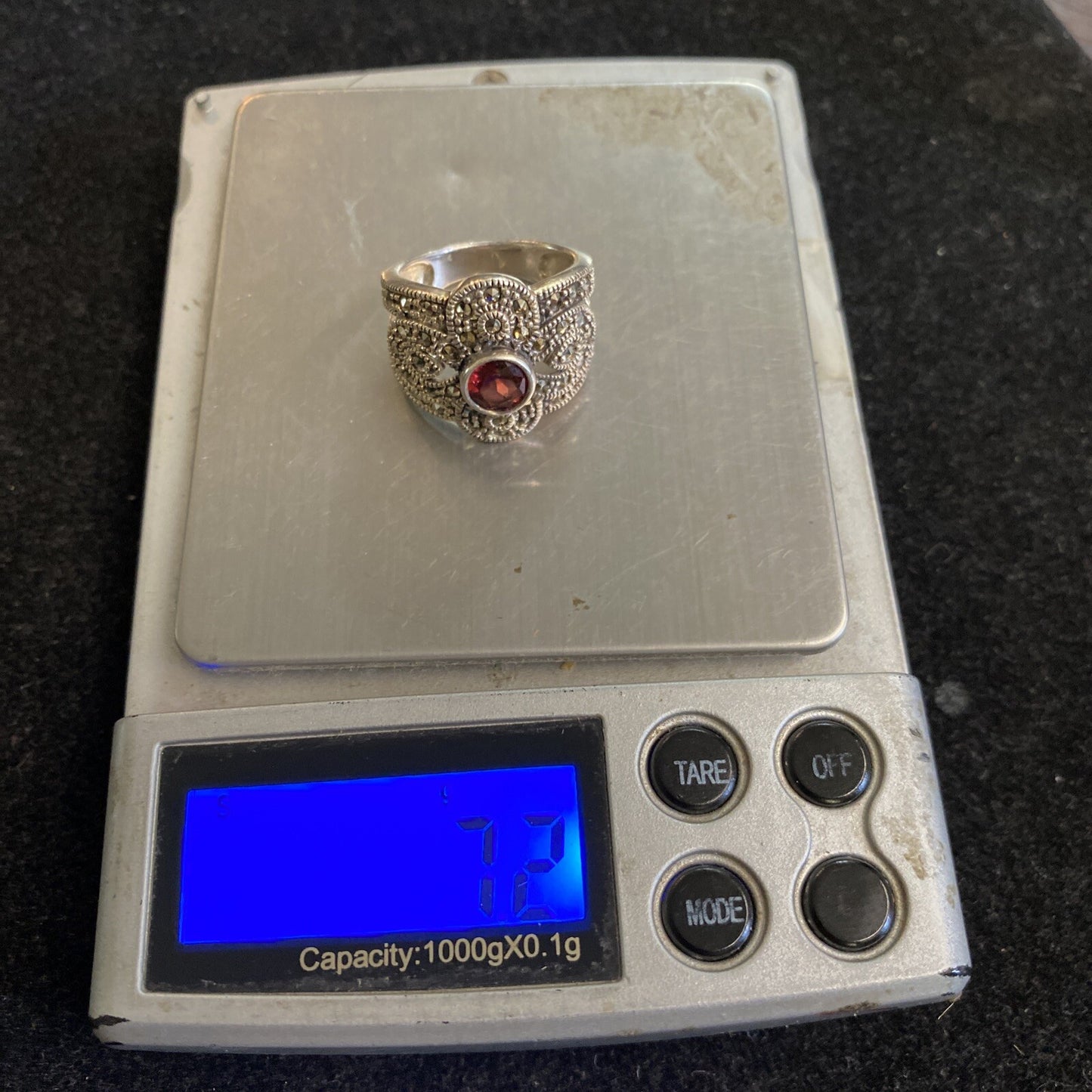 Sterling Silver 925 Garnet & Marcasite Multi Stone Ring SZ 6.5 7.2g JM16