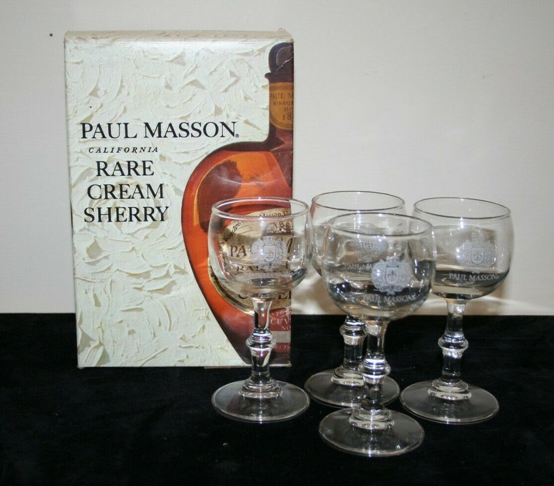 Set of 4 Original Box Paul Masson Rare Cream Sherry Glasses Engraved H 5" 2-3 oz