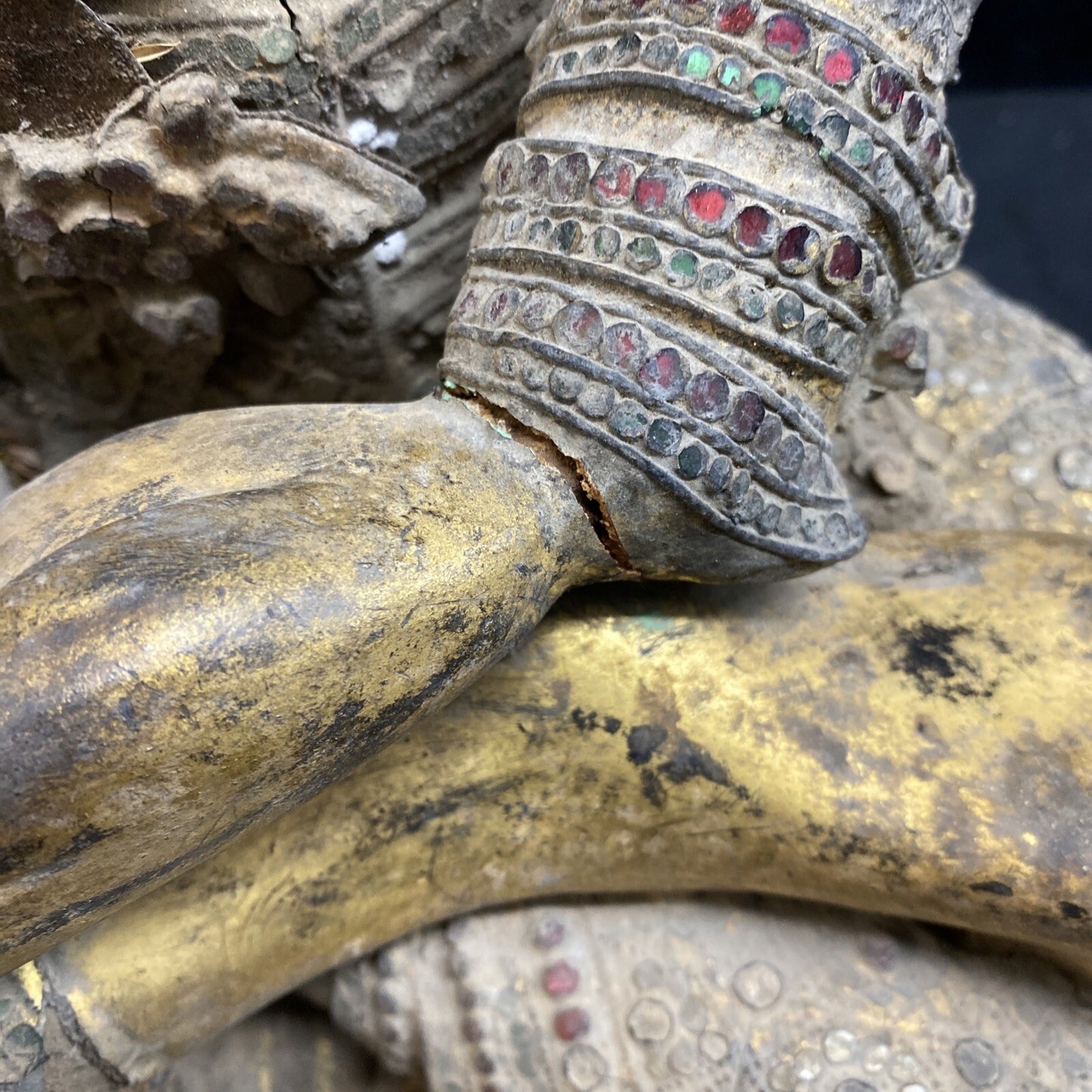 Thai Gilt Wood Seated Buddha Statue w/ Leather & Jewel Adornment