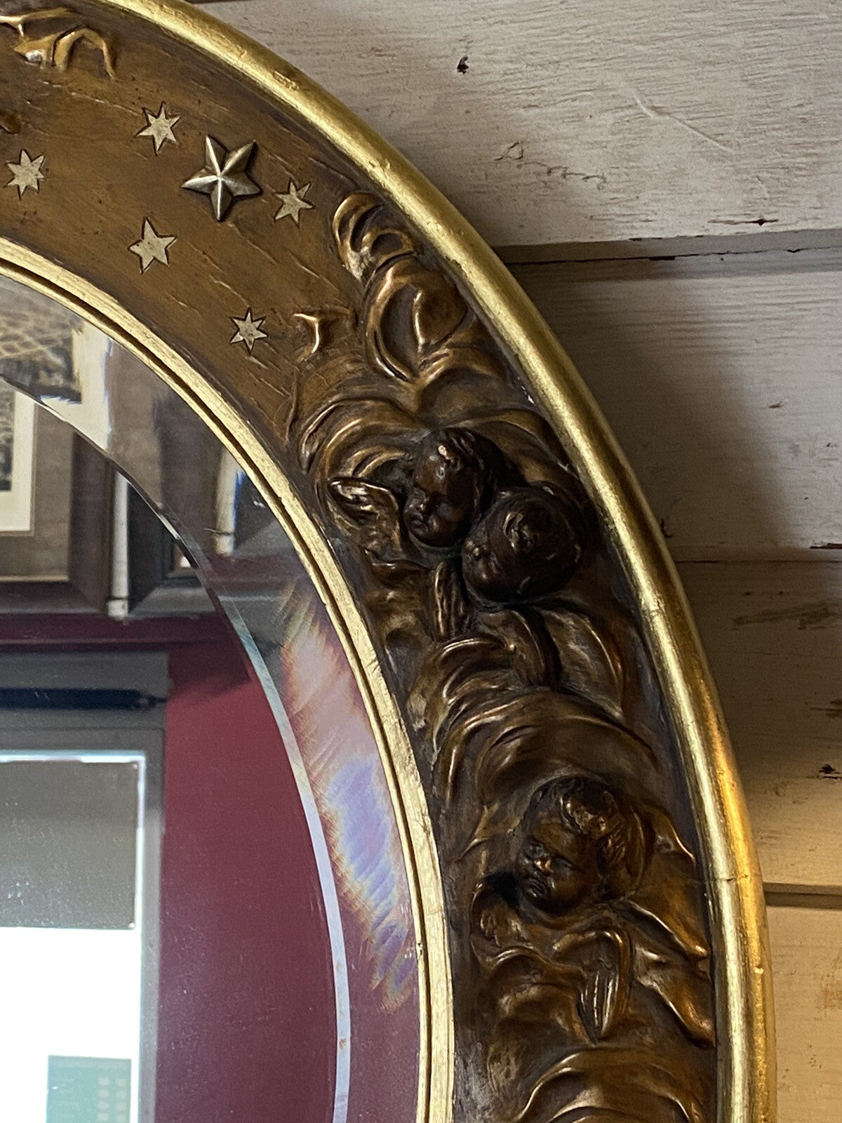 Antique Victorian Gold Oval Mirror w/ Cherub Faces and Wings