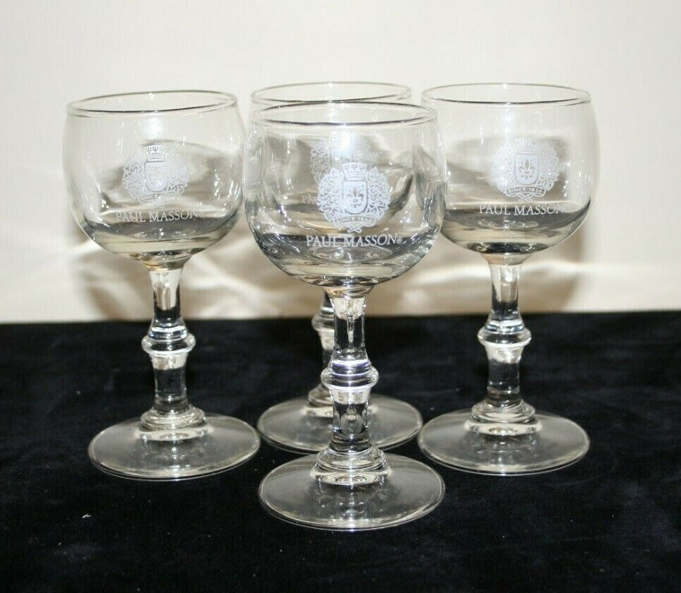 Set of 4 Original Box Paul Masson Rare Cream Sherry Glasses Engraved H 5" 2-3 oz