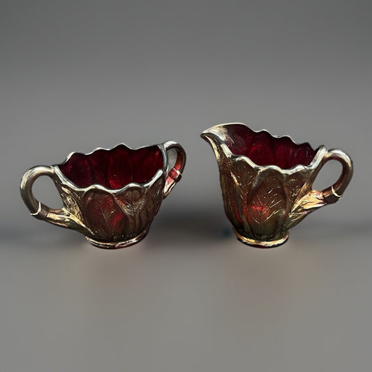 Vintage Imperial Glass Iridescent Everglade Sunset Ruby Red Creamer & Sugar