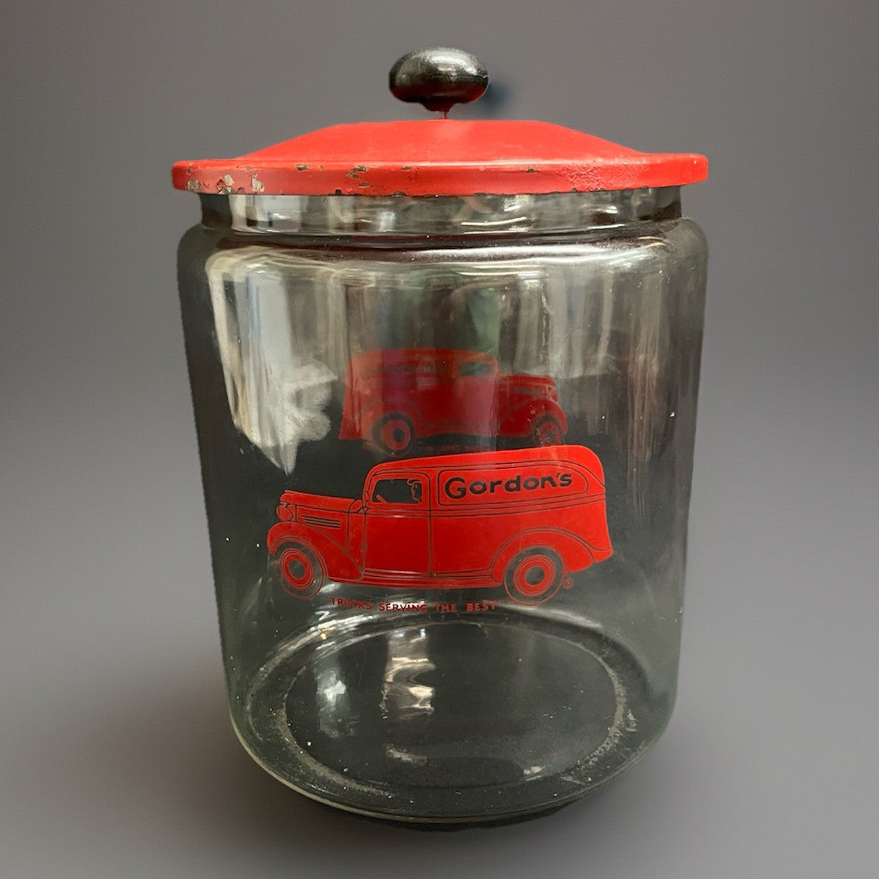 Vintage Gordon’s Foods Large Glass Snack Jar With Original Metal Lid 1940s