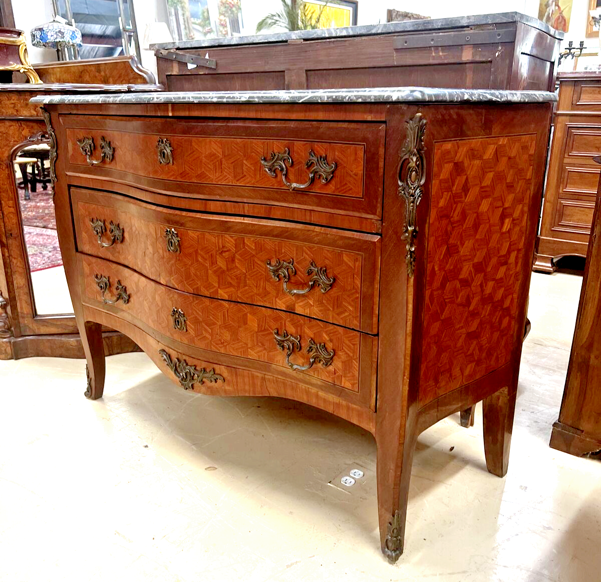 Antique French Louis XV Commode Chest of Drawers Marble Top Marquetry Pattern