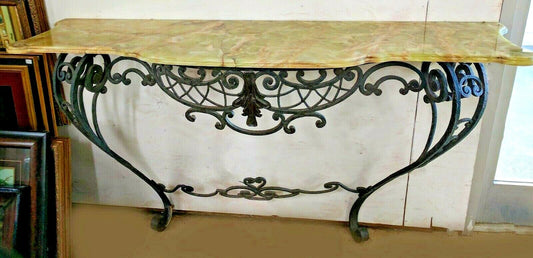 Antique French Rococo Style Scrolled Iron Console W61" Marble Onyx Attaches Wall