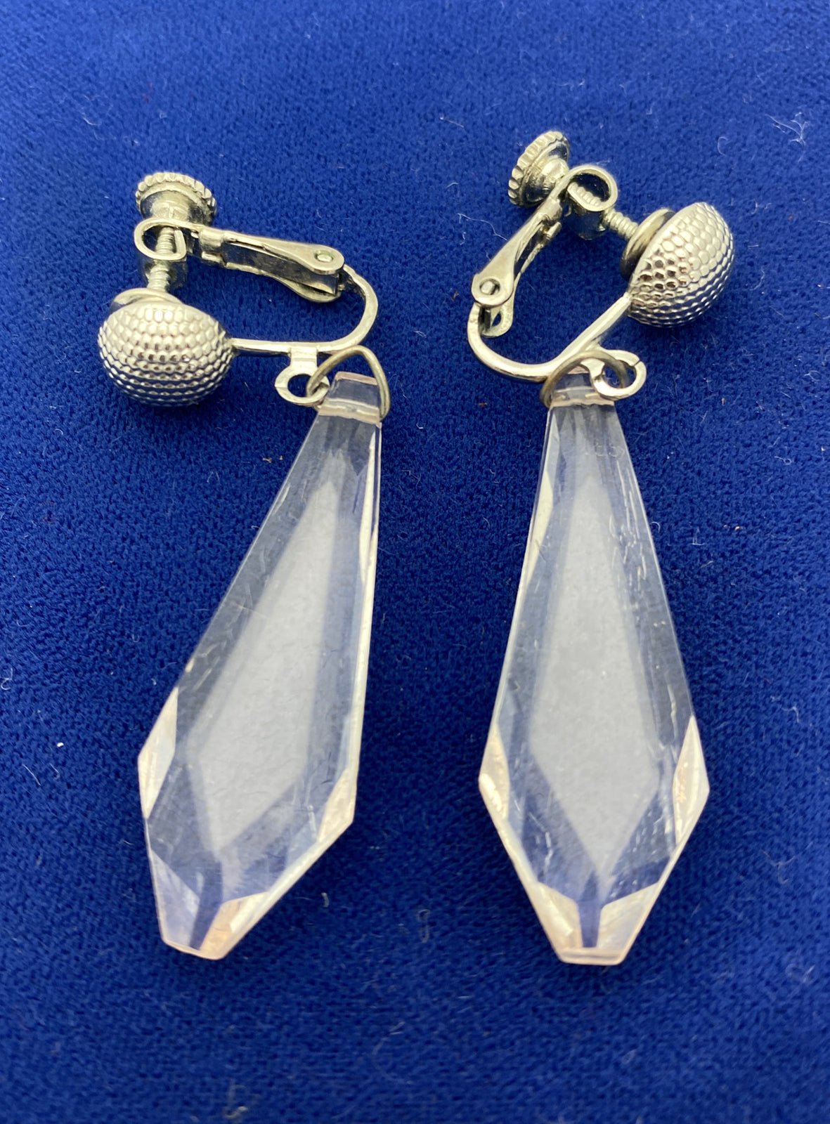 Carol Dauplaise Silver Button Crystal Dangle Screw back Earrings Vintage