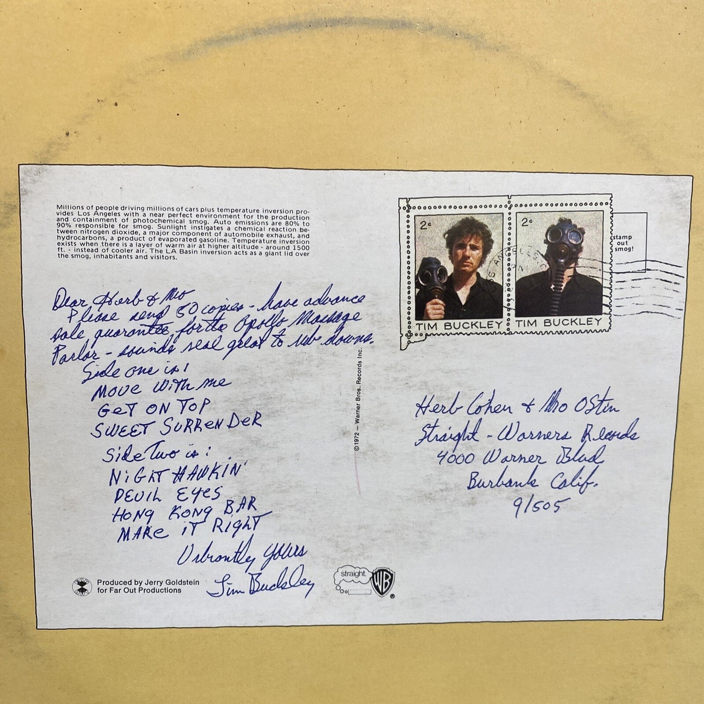 TIM BUCKLEY Greetings From L.A. WARNER BROS K46176 LP Die-cut Postcard