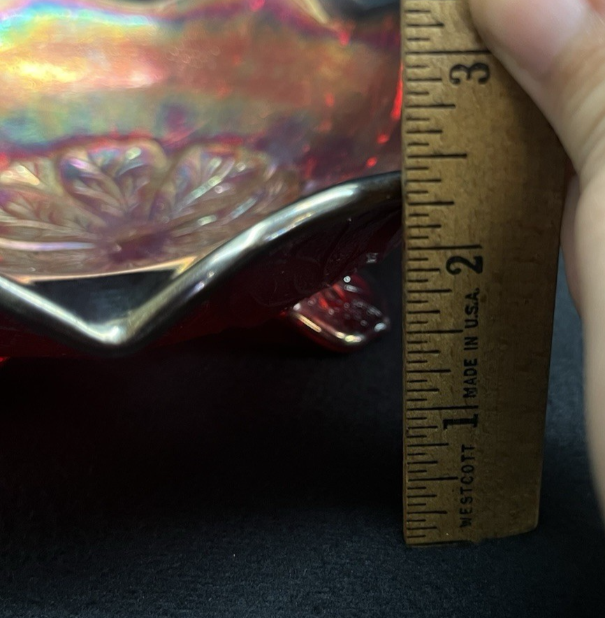 Vintage Imperial Glass OH Carnival Everglade Sunset Ruby 3-Toed Crimped Bowl 7"