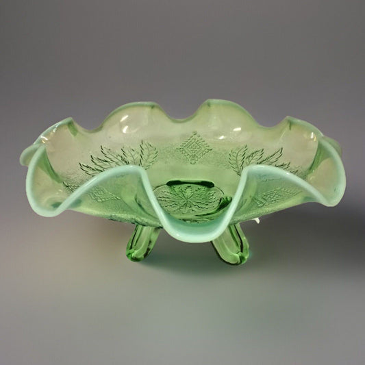JEFFERSON GLASS  Ruffled  Green OPALESCENT Leaf & Diamond 3 footed 8-3/8" Bowl