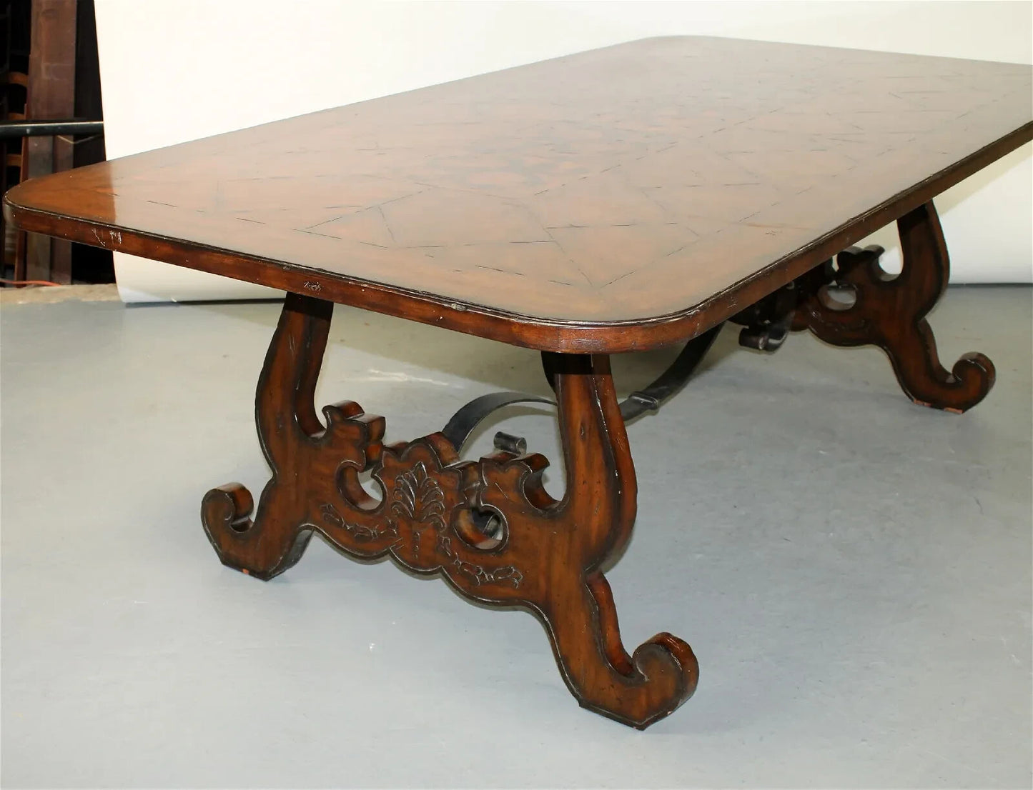 MAITLAND SMITH BAROQUE SPANISH STYLE DINING TABLE W/ INLAY & METAL STRETCHER 90”