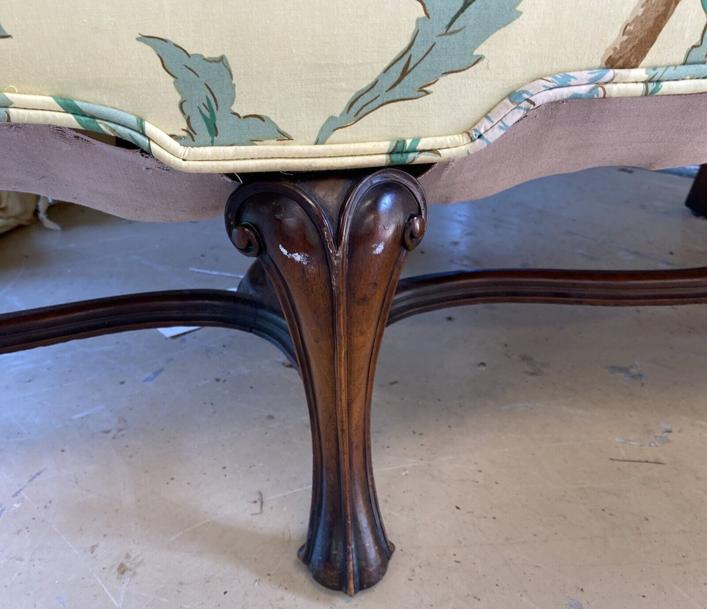 Antique Yellow Floral Queen Anne Mahogany Sofa Couch Settee Loveseat