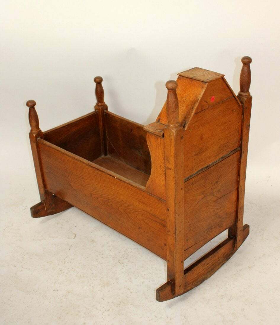 Antique American Oak Child’s Covered Rocking Cradle Bassinet