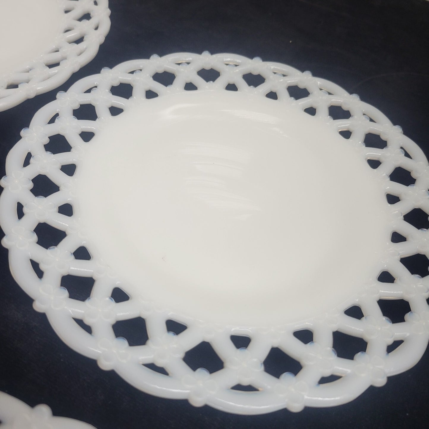 Westmoreland Milk Glass Lace  Edge 8 1/4" Set of 3 Plates Forget Me Not Flowers