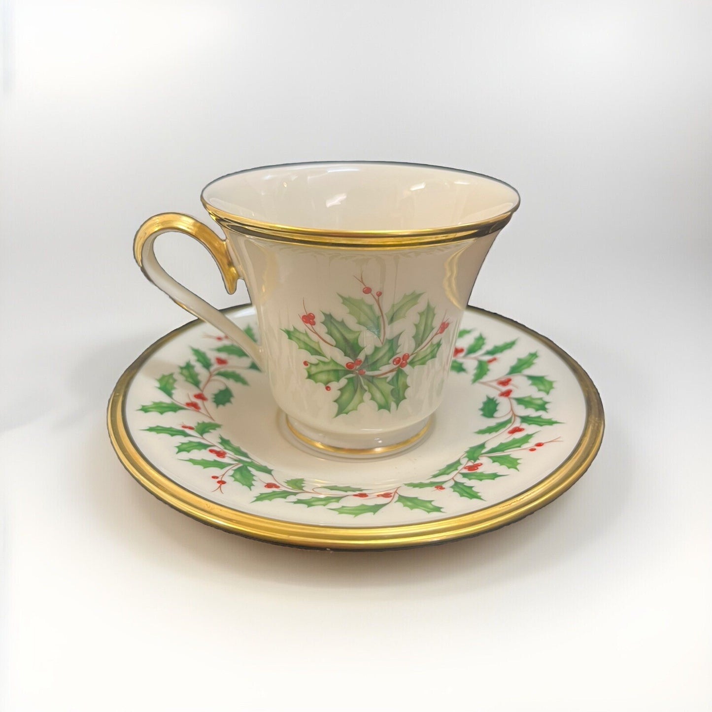 Lenox Ivory China Holiday Tea Cup and Saucer Holly Berry Gold Rim