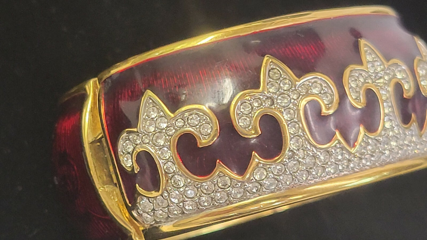 Swarovski Red Enamel Crystal Fleur De Lys Hinged Bracelet 1980s Guilloche $795