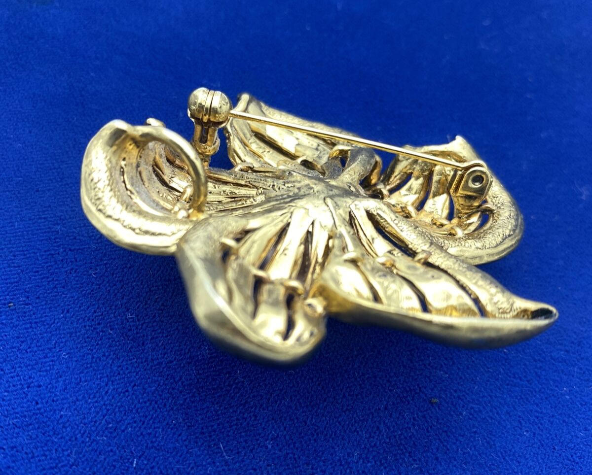 Vintage 1970s Dogwood Flower Amber Rhinestone Brooch  Gold Tone Pin Lg Pearl Ctr