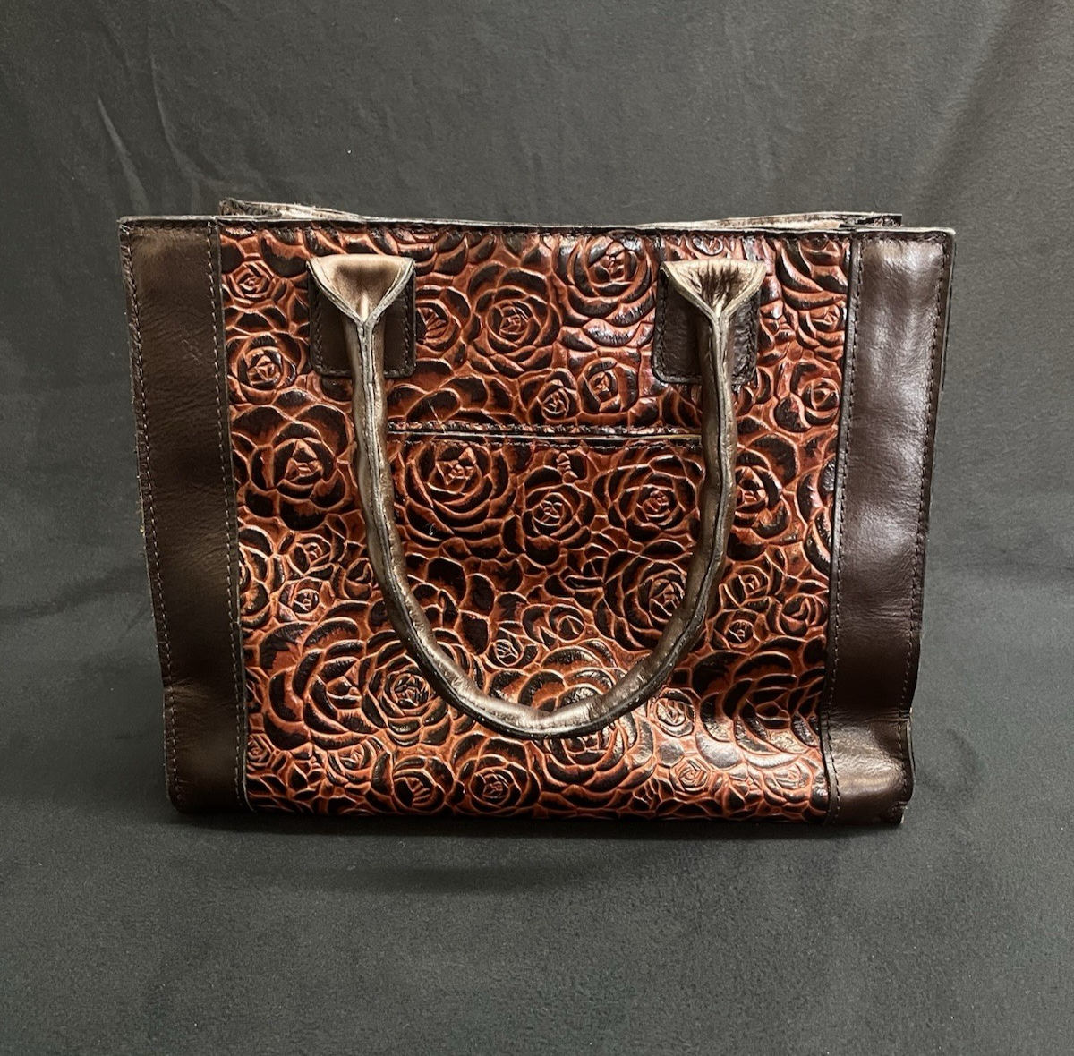Patricia Nash Tooled Leather Brown Floral Tote Bag w/ Adjustable Strap 11.5"
