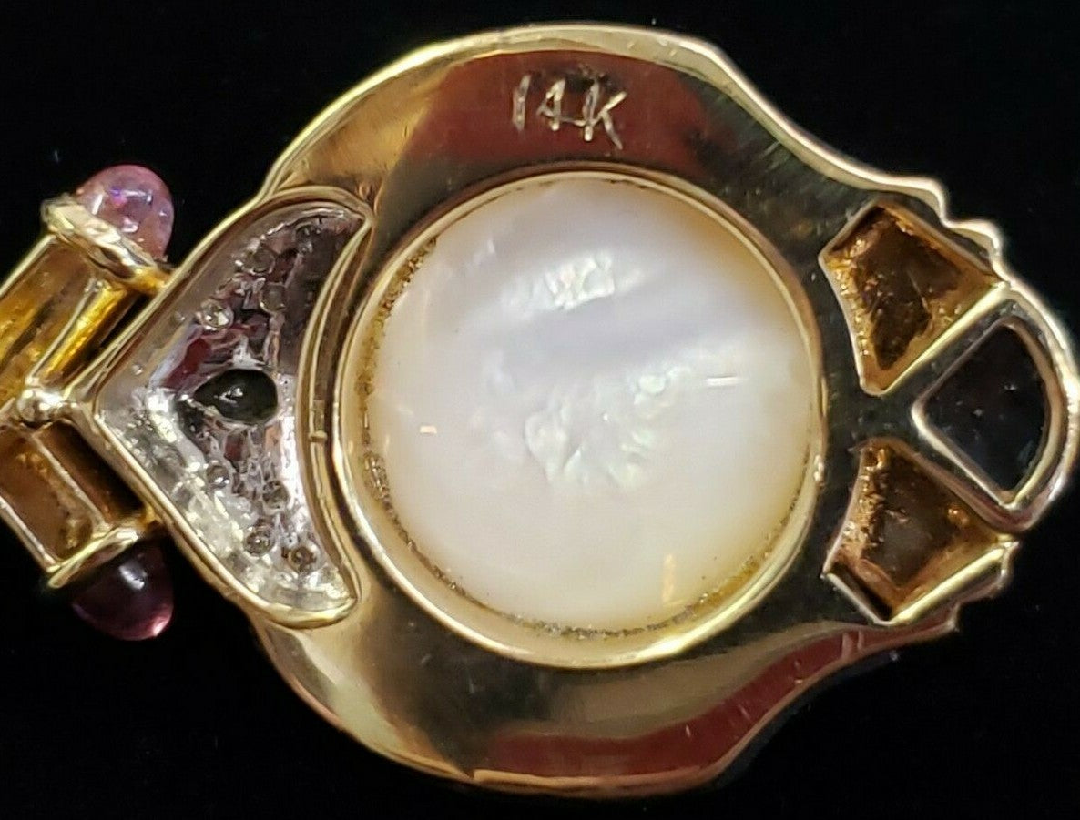 14k Mabe Pearl & Black Onyx Pendant w Amethyst Peridot Aquamarine Diamonds 14.7g