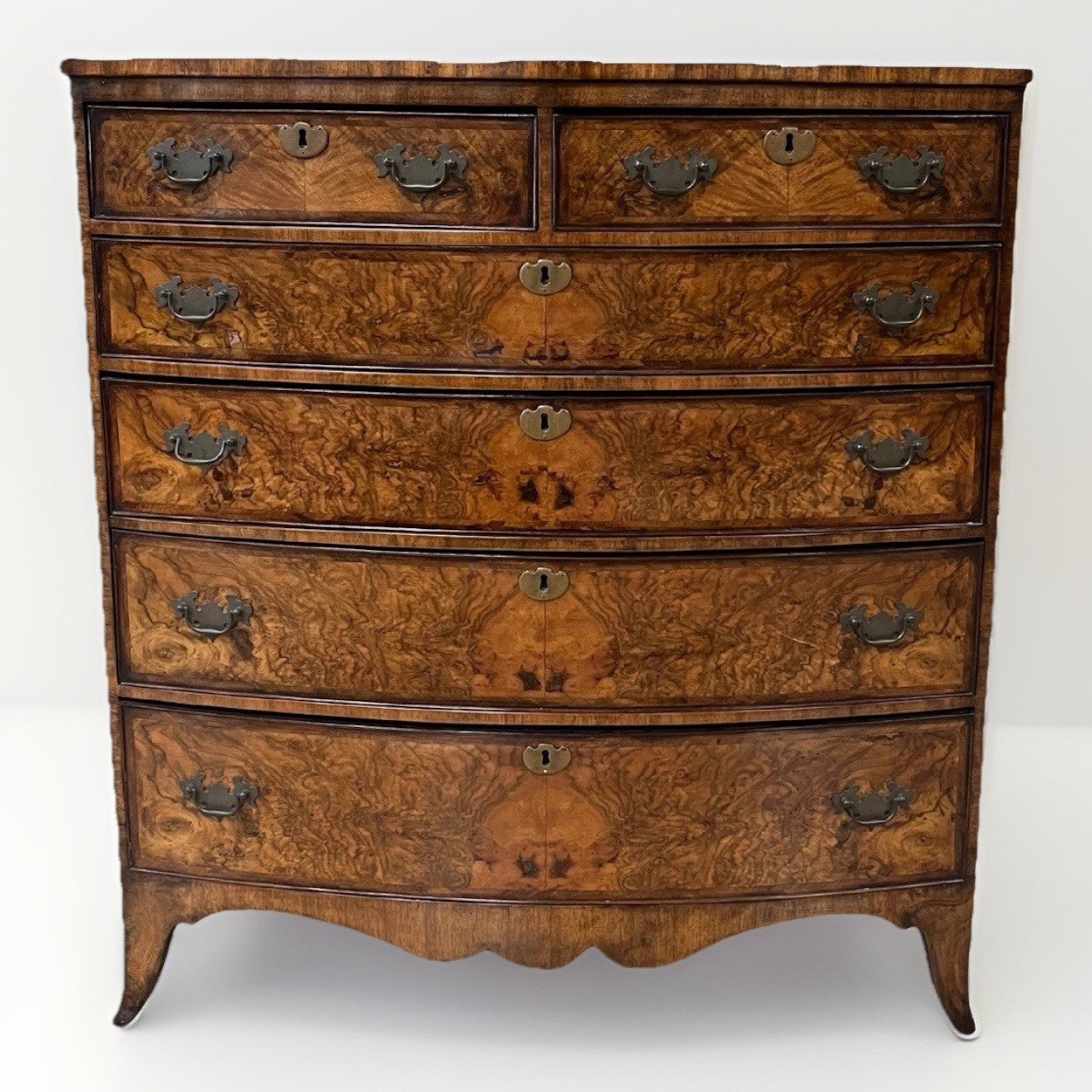 PERIOD ENGLISH REGENCY BURLED WALNUT BOW FRONT TALL CHEST OF DRAWERS