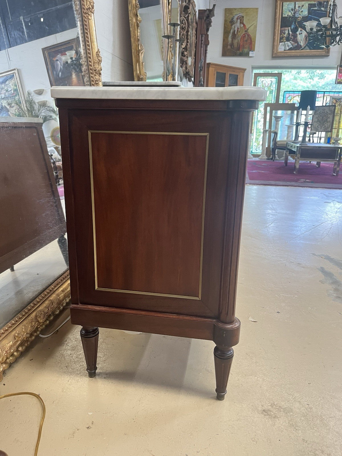 FRENCH LOUIS XVI WHITE MARBLE-TOP MAHOGANY 3-DRAWER COMMODE CHEST OF DRAWERS