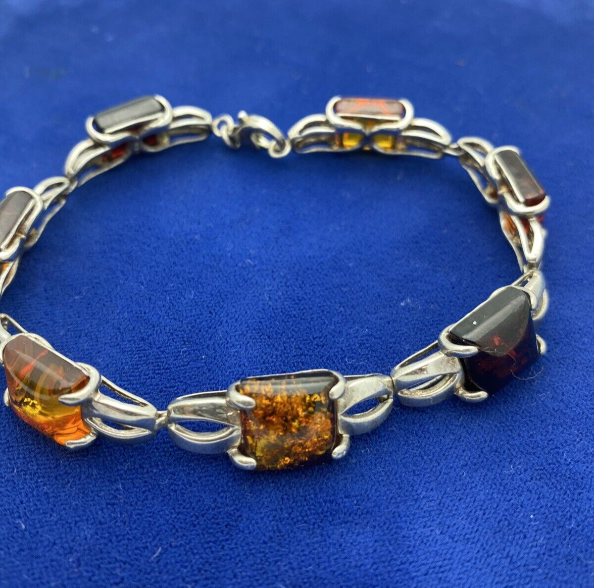 Vintage Baltic Poland Cognac Amber 925 Sterling Silver Bracelet Rectangle 15.2g
