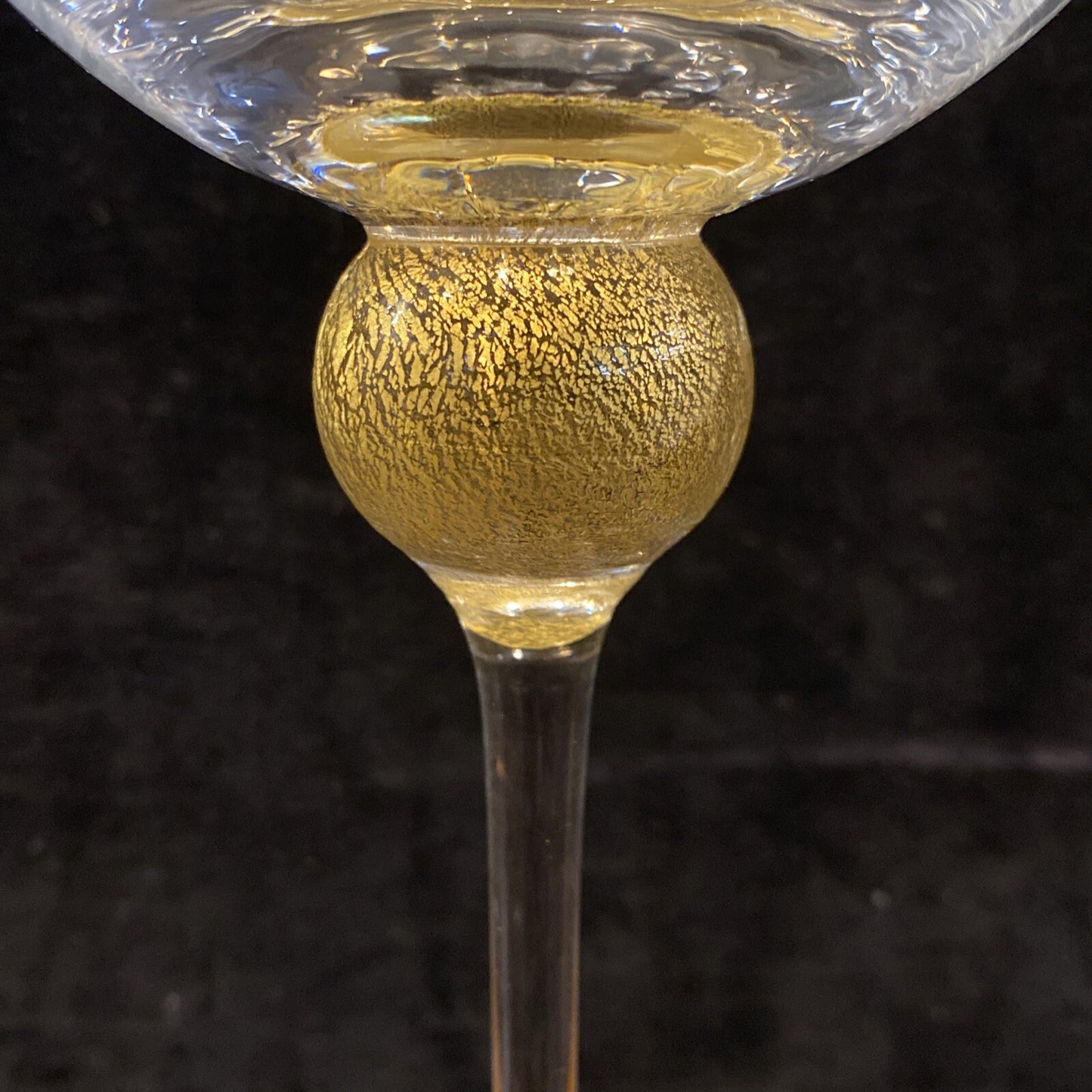 Vtg  Handmade Venetian Wine Glass 9.5" Gold Leaf Ball top of Stem Signed BH323
