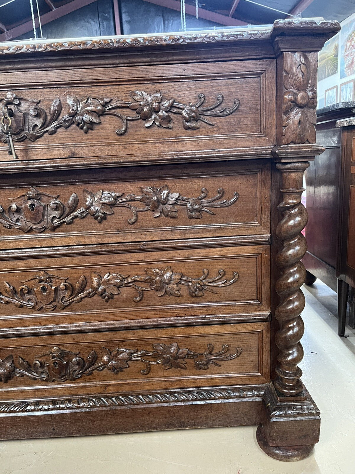 FRENCH RENAISSANCE REVIVAL MARBLE-TOP CARVED OAK COMMODE