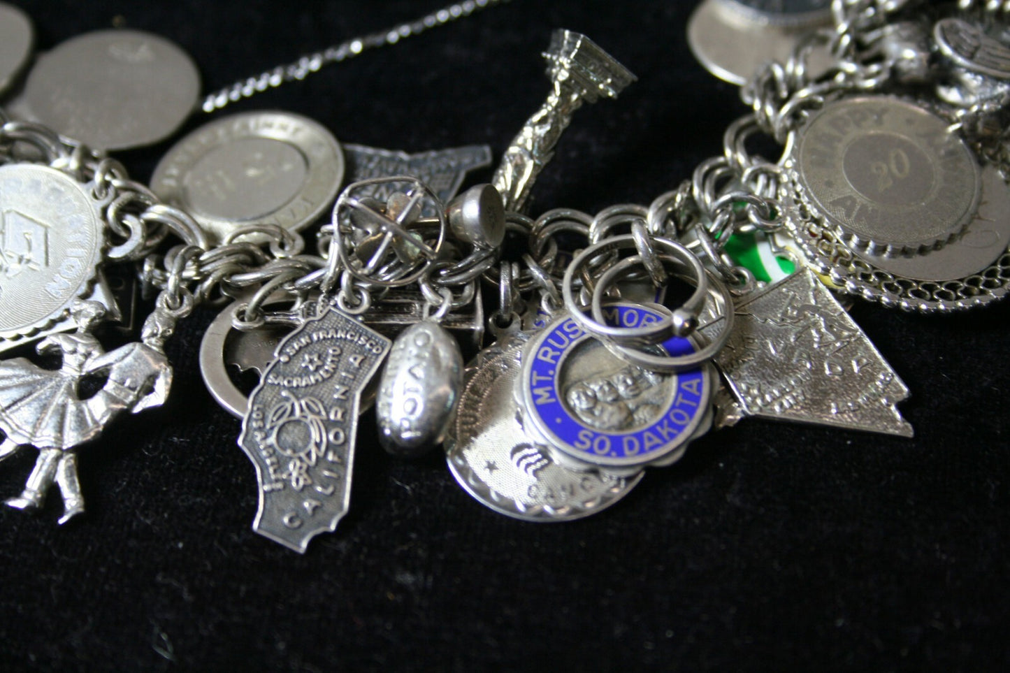 VTG Sterling Silver Charm Bracelet  7-1/4" (125 g) 1960's Safety Chain 43 Charms