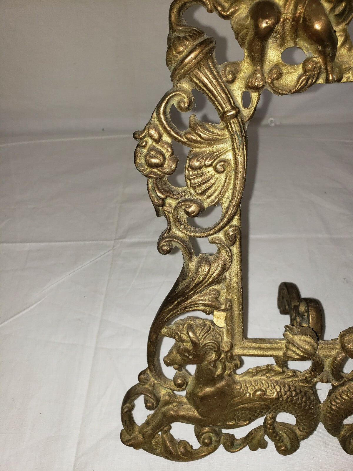 Antique Gilt Cast Iron Picture Frame  Cherubs Sea Horses Tabletop w Leg H 13"