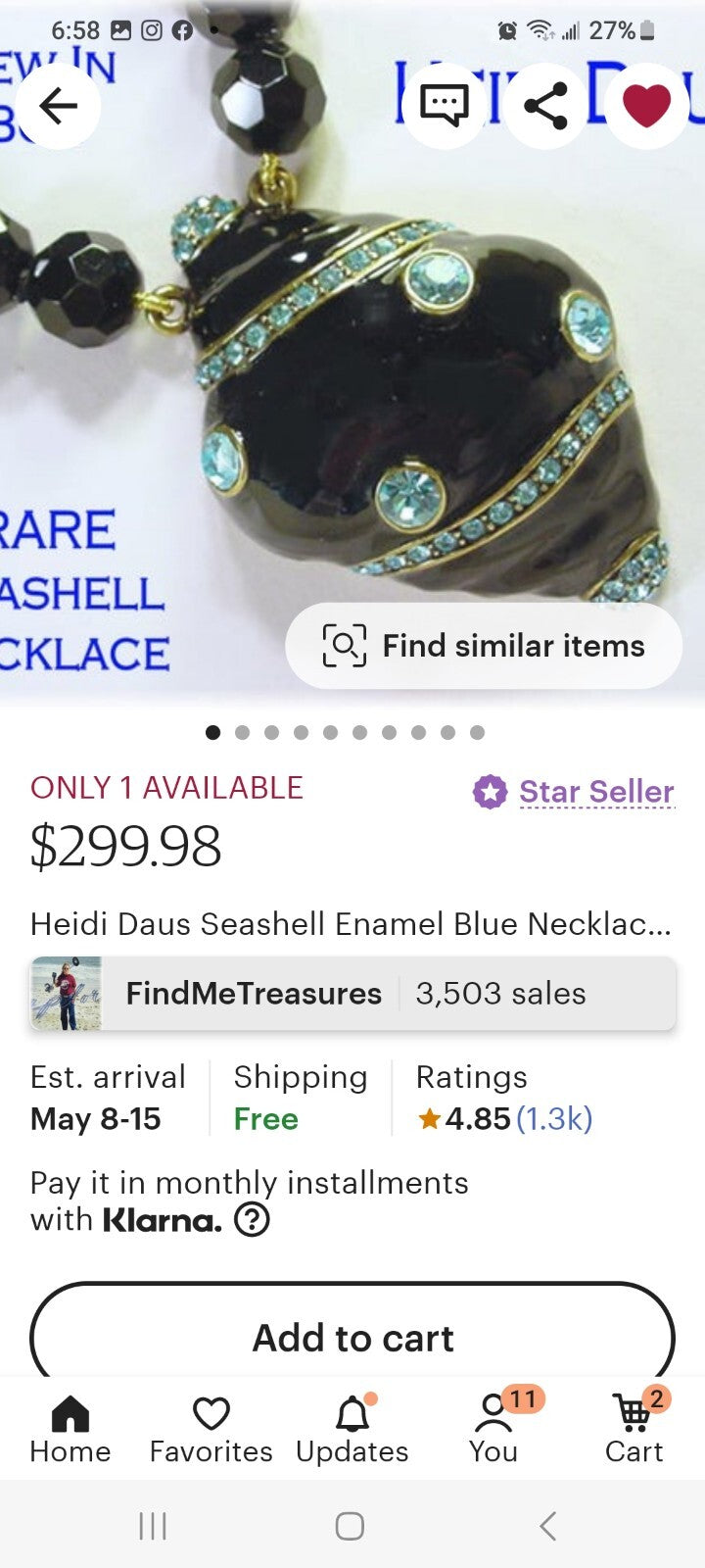 Heidi Daus Black Enamel Aqua Rhinestone Seashell Pendant Necklace