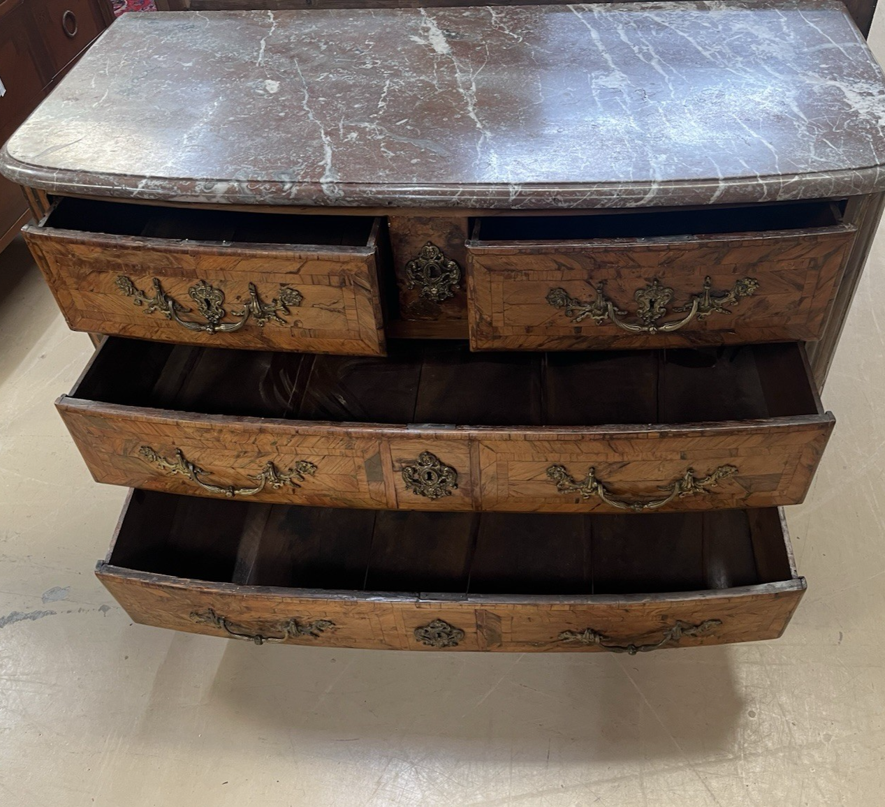 ANTIQUE FRENCH LOUIS XIV MARBLE-TOP BURLED WOOD COMMODE CHEST OF DRAWERS 19th C