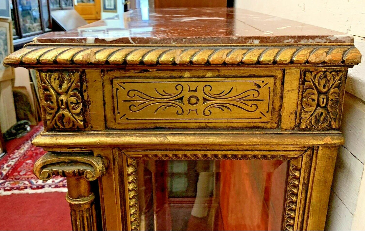 Antique French Gold Gilt Marble Top Vitrine Glass Door and Sides Display Shelves