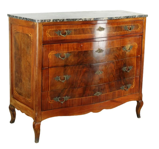 Antique French Inlaid Burl Walnut Marble Top Commode Chest of Drawers