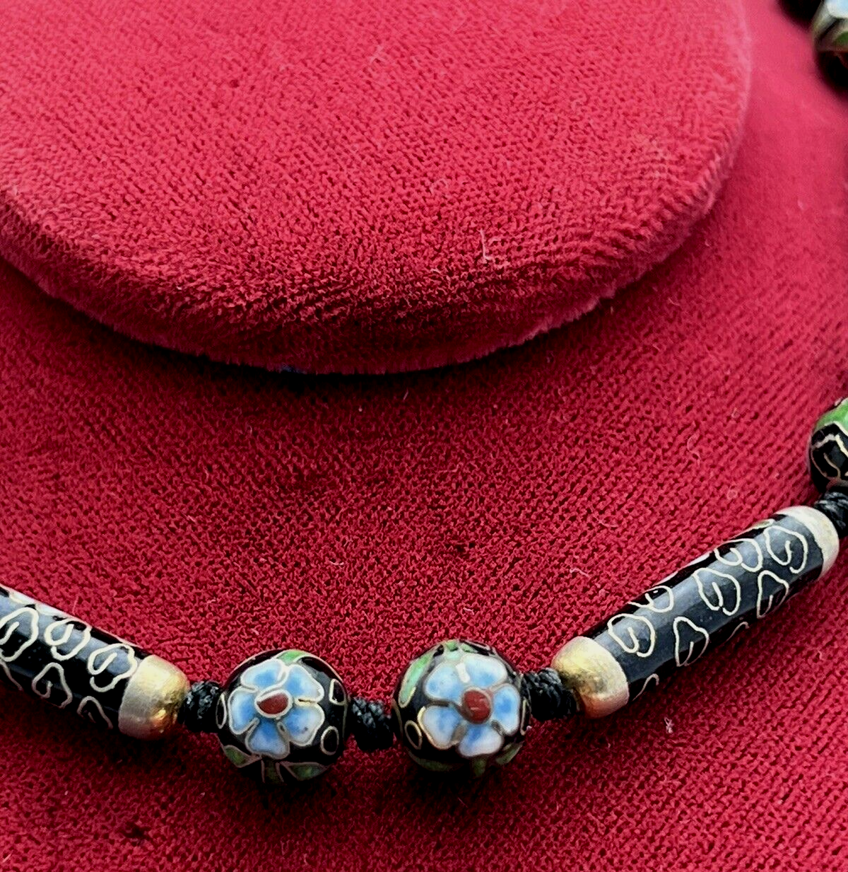 Antique Handmade 30" Cloisonne Necklace Hand Painted Black Enamel Floral Design