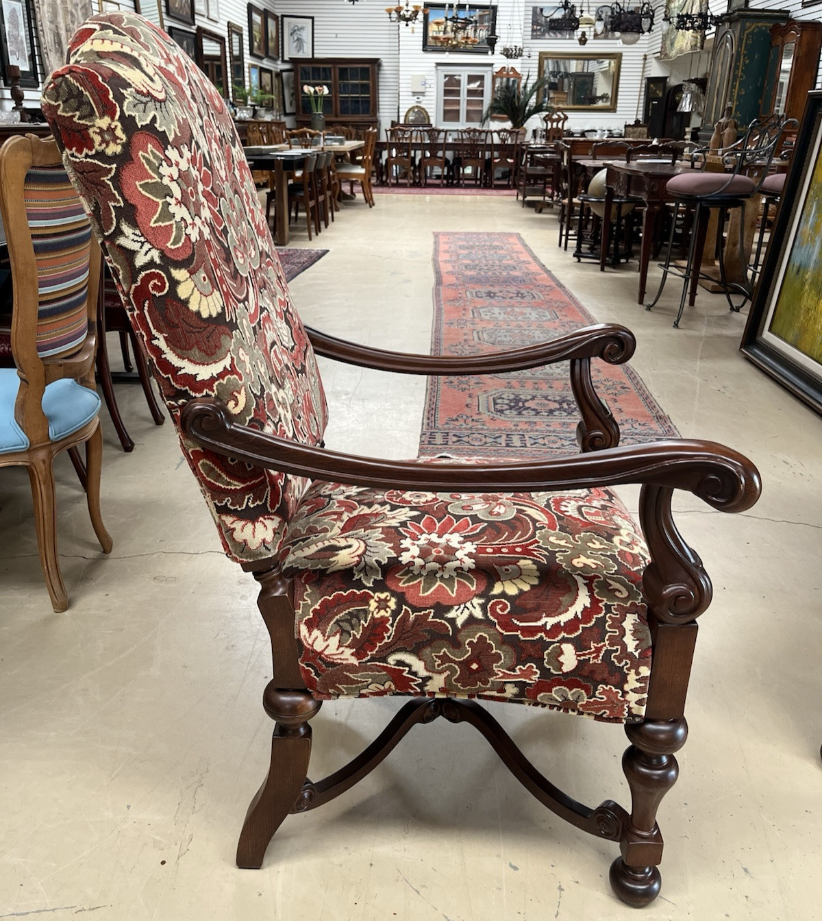 Pair French style  Armchairs  wood carved new upholstery w 2 pillows CL7