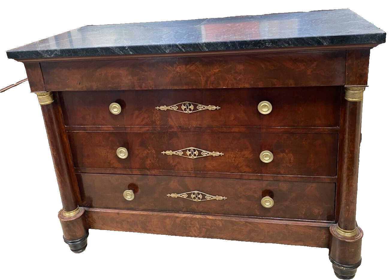 Antique Burled Walnut Mid-19th Century Empire and Marble Top Chest Commode