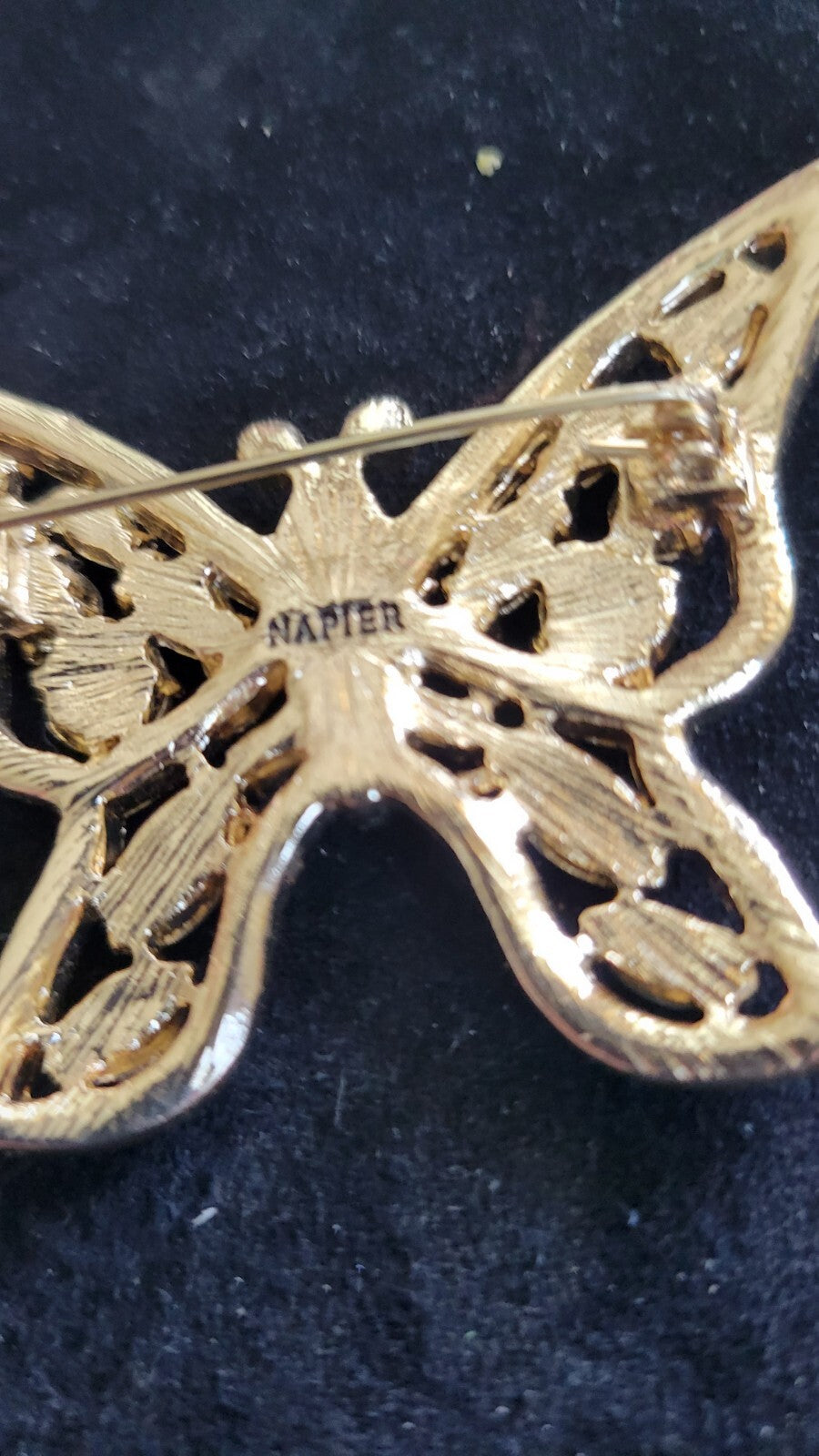 Butterfly Openwork  Amythest Peridot Crystals NAPIER Vintage Gold Brooch