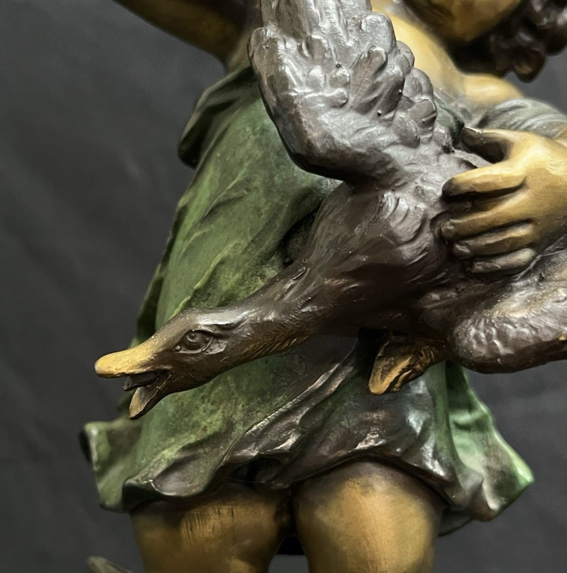 Vintage Auguste Moreau Bronze Sculpture on Marble Base Child w/ Goose Copr. 1906